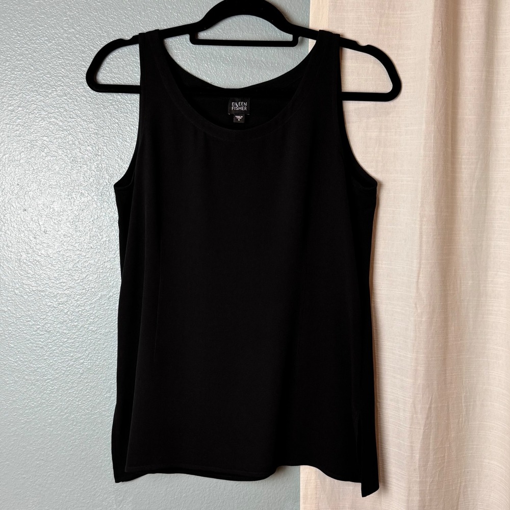 Eileen Fisher Tank Top Women Small Black 100% Silk Scoop Neck Shell Split Hem